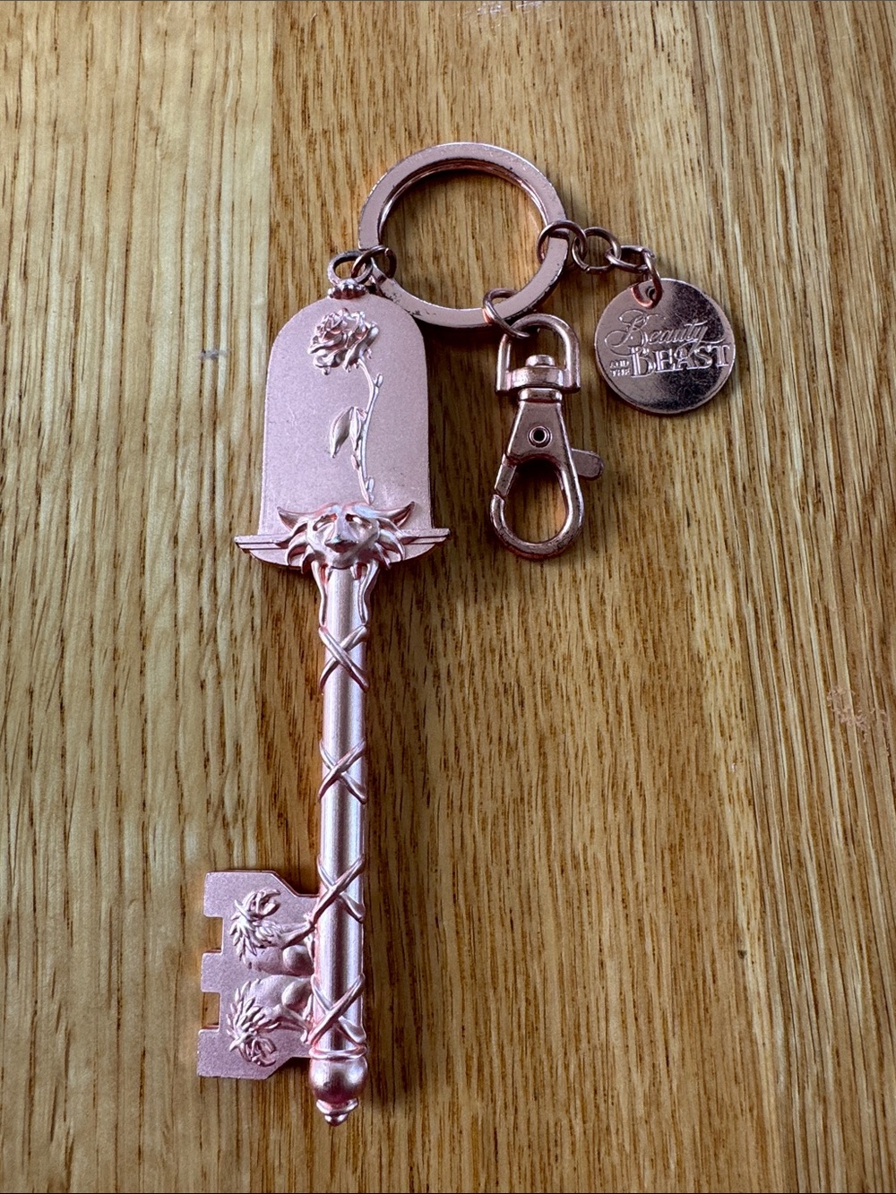 Disney Parks Rose Gold Beauty and The Beast Keychain with Rose Details